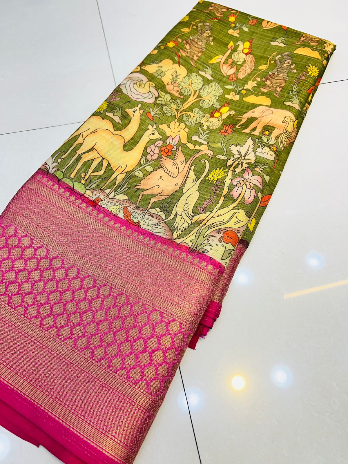 Desirable Mehandi Kalamkari Printed Saree With Delightful Blouse Piece - Colorful Saree