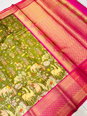 Desirable Mehandi Kalamkari Printed Saree With Delightful Blouse Piece - Colorful Saree