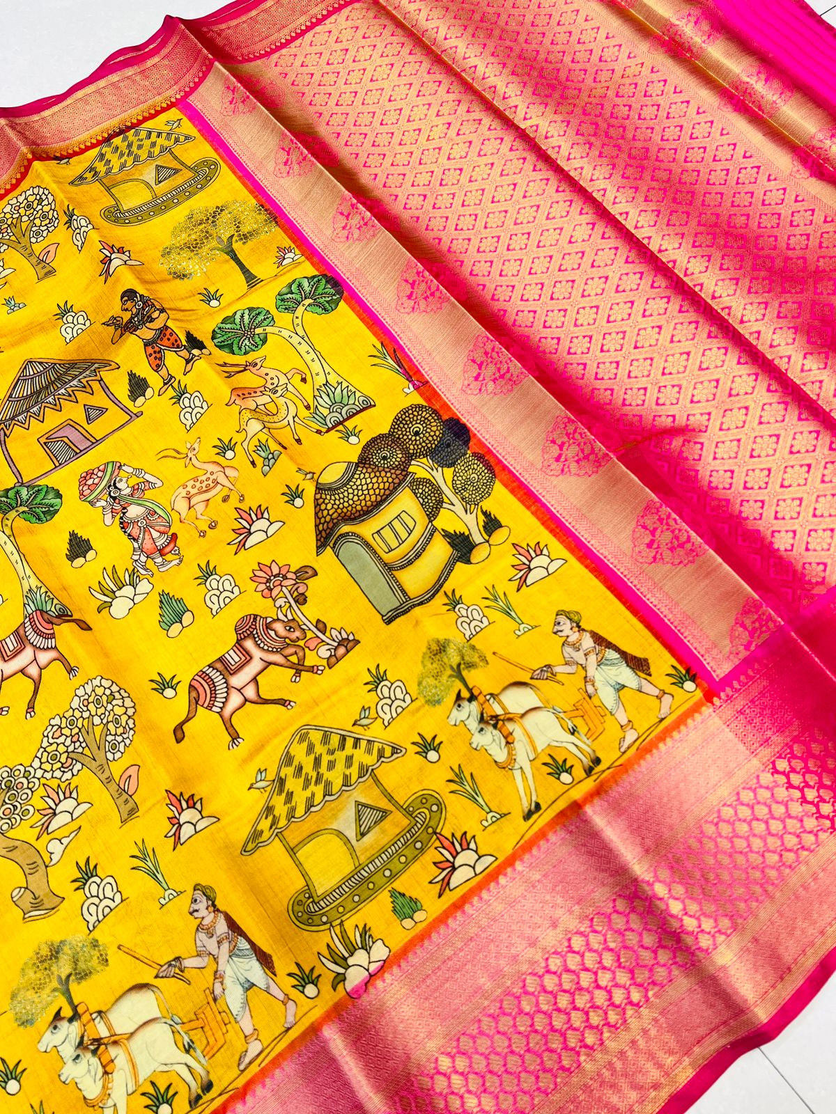 Smart Yellow Kalamkari Printed Saree With Redolent Blouse Piece - Colorful Saree