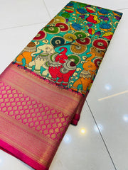 Mesmerising Firozi Kalamkari Printed Saree With Ailurophile Blouse Piece - Colorful Saree
