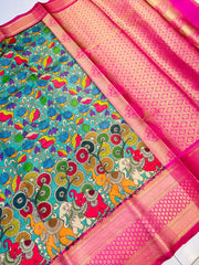 Mesmerising Firozi Kalamkari Printed Saree With Ailurophile Blouse Piece - Colorful Saree