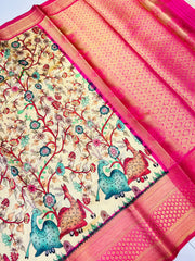 Sophisticated Beige Kalamkari Printed Saree With Glorious Blouse Piece - Colorful Saree
