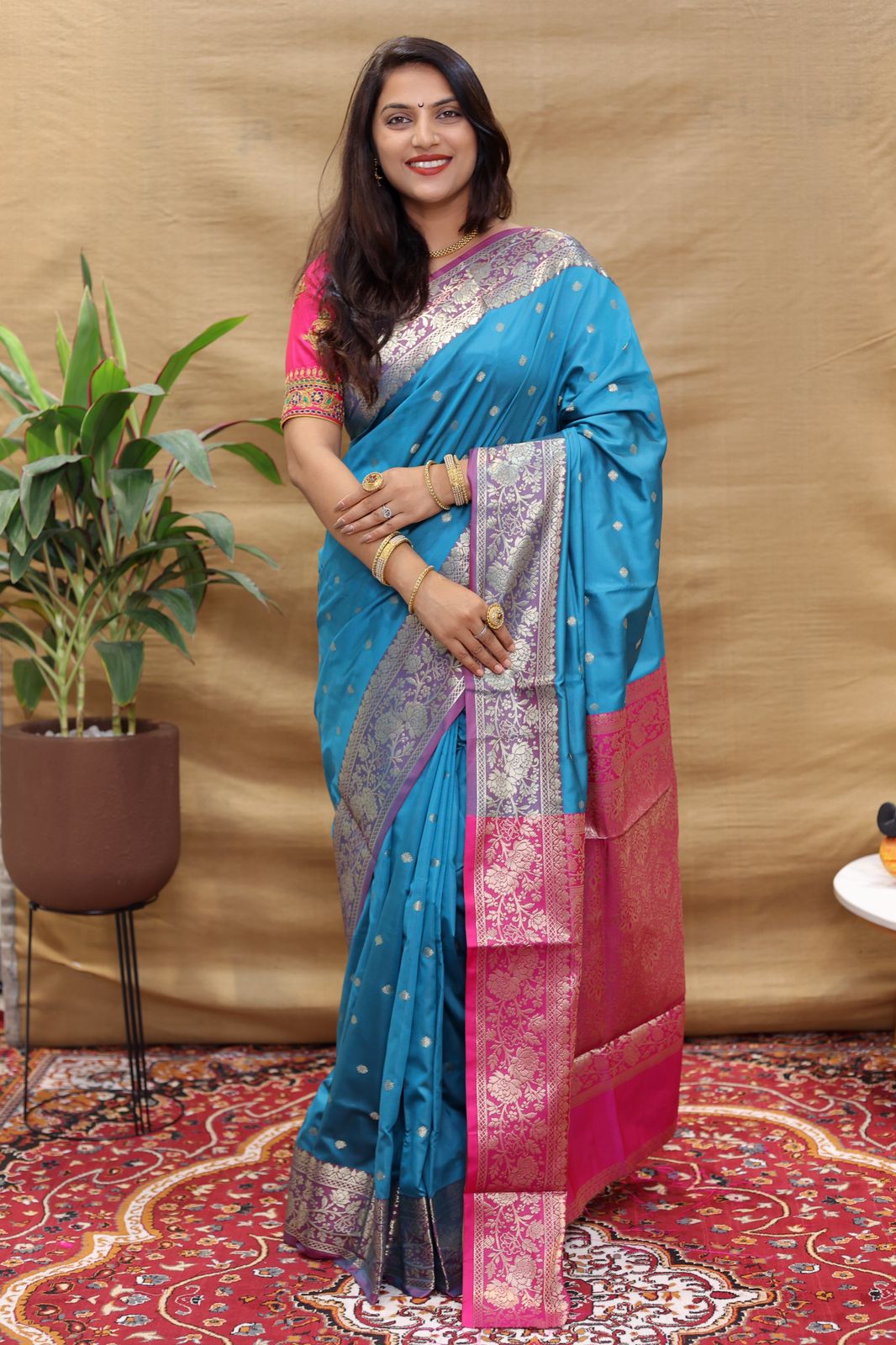 Glittering Firozi Soft Banarasi Silk Saree With Flamboyant Blouse Piece - Colorful Saree