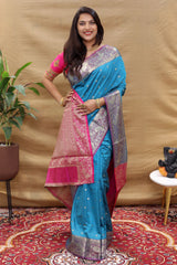 Glittering Firozi Soft Banarasi Silk Saree With Flamboyant Blouse Piece - Colorful Saree