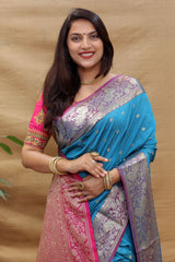 Glittering Firozi Soft Banarasi Silk Saree With Flamboyant Blouse Piece - Colorful Saree