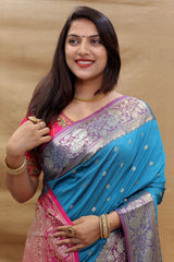 Glittering Firozi Soft Banarasi Silk Saree With Flamboyant Blouse Piece - Colorful Saree