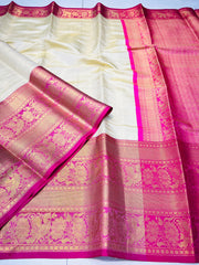 Preferable Beige Kanjivaram Silk Saree With Forbearance Blouse Piece - Colorful Saree