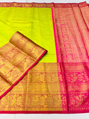 Fairytale Parrot Kanjivaram Silk Saree With Confounding Blouse Piece - Colorful Saree