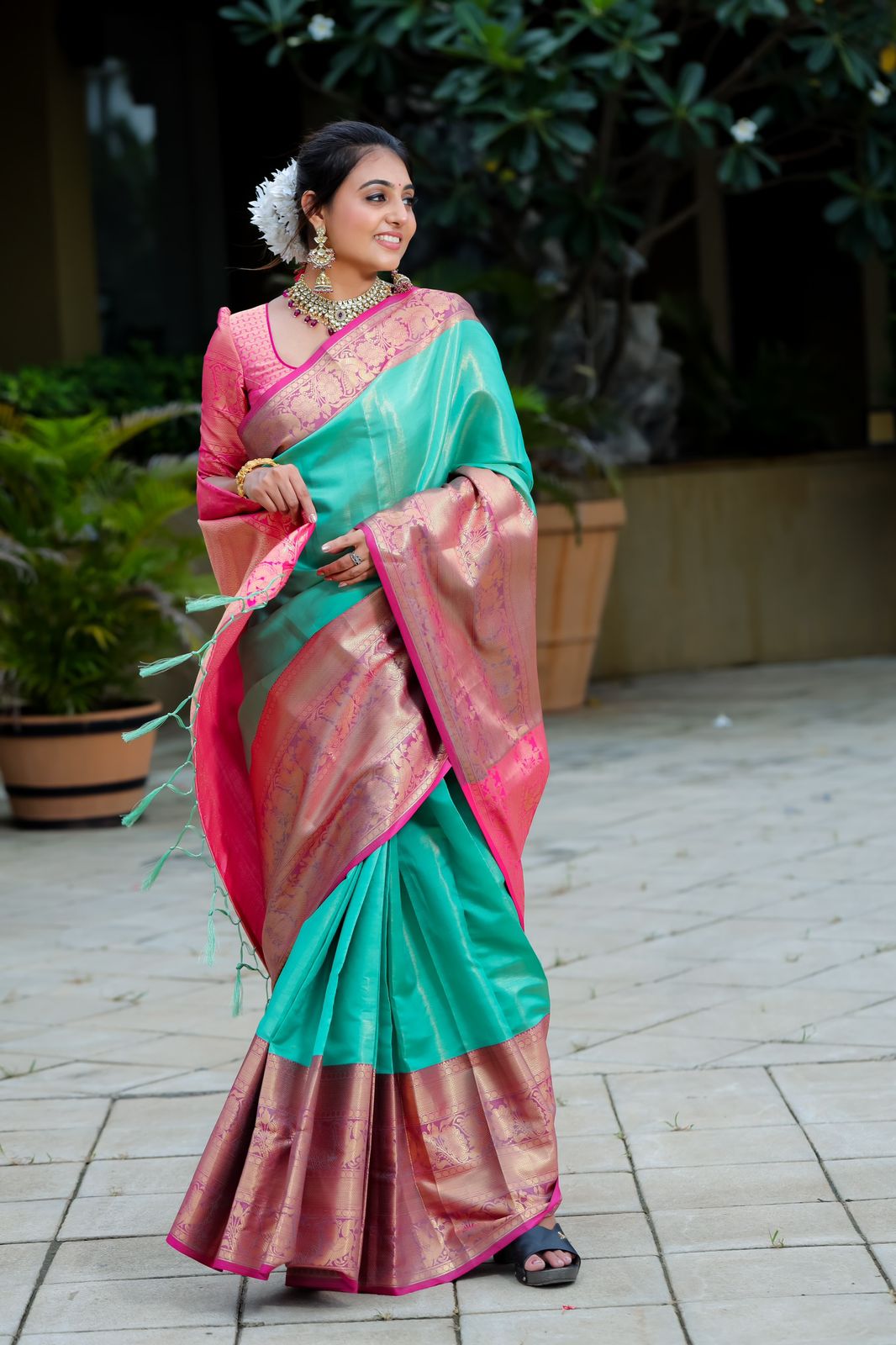 Breathtaking Sea Green Kanjivaram Silk Saree With Scintilla Blouse Piece - Colorful Saree