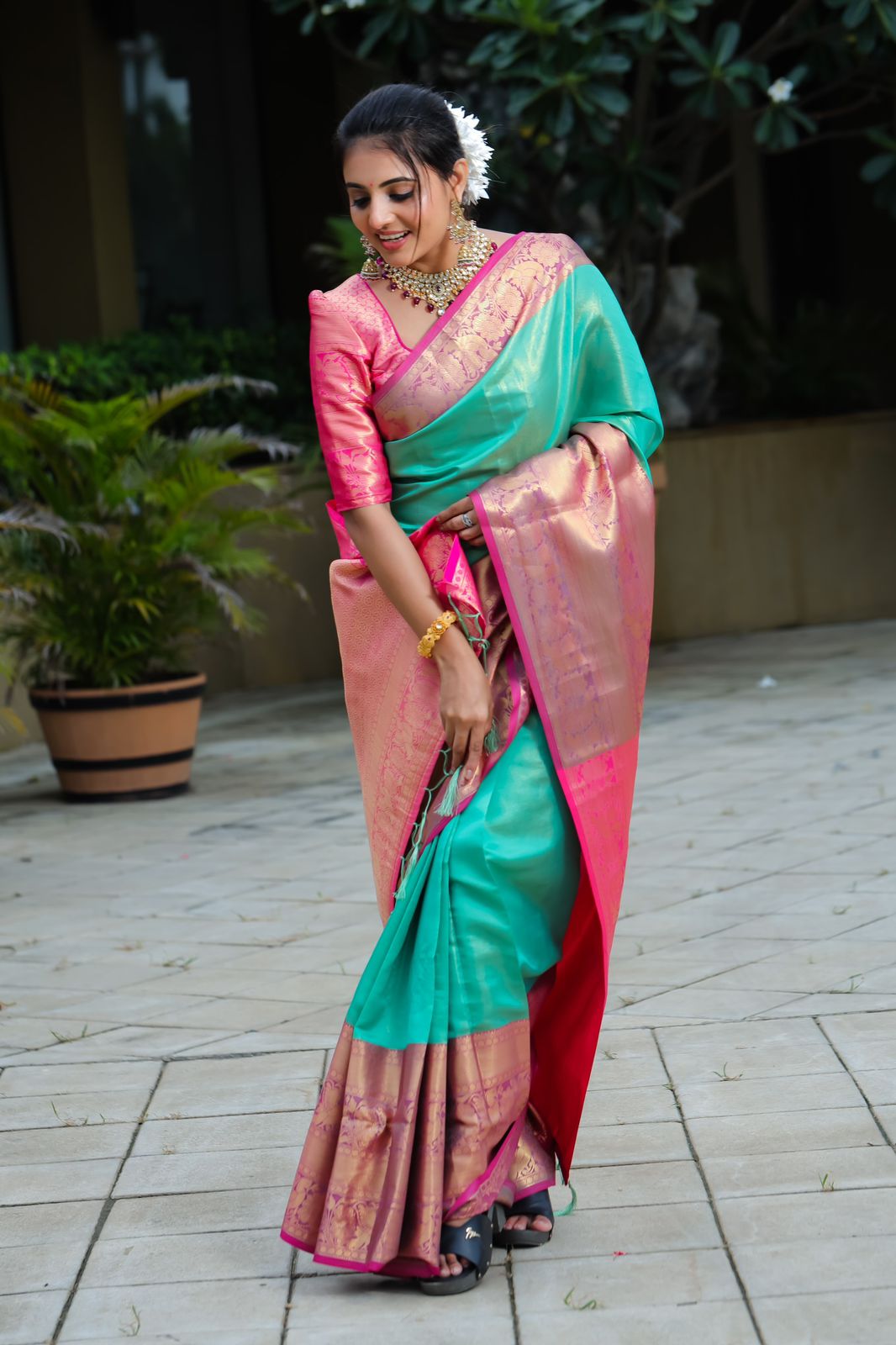 Breathtaking Sea Green Kanjivaram Silk Saree With Scintilla Blouse Piece - Colorful Saree