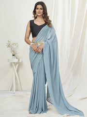 Powder Blue Ready to Wear One Minute Saree In Satin Silk - Colorful Saree