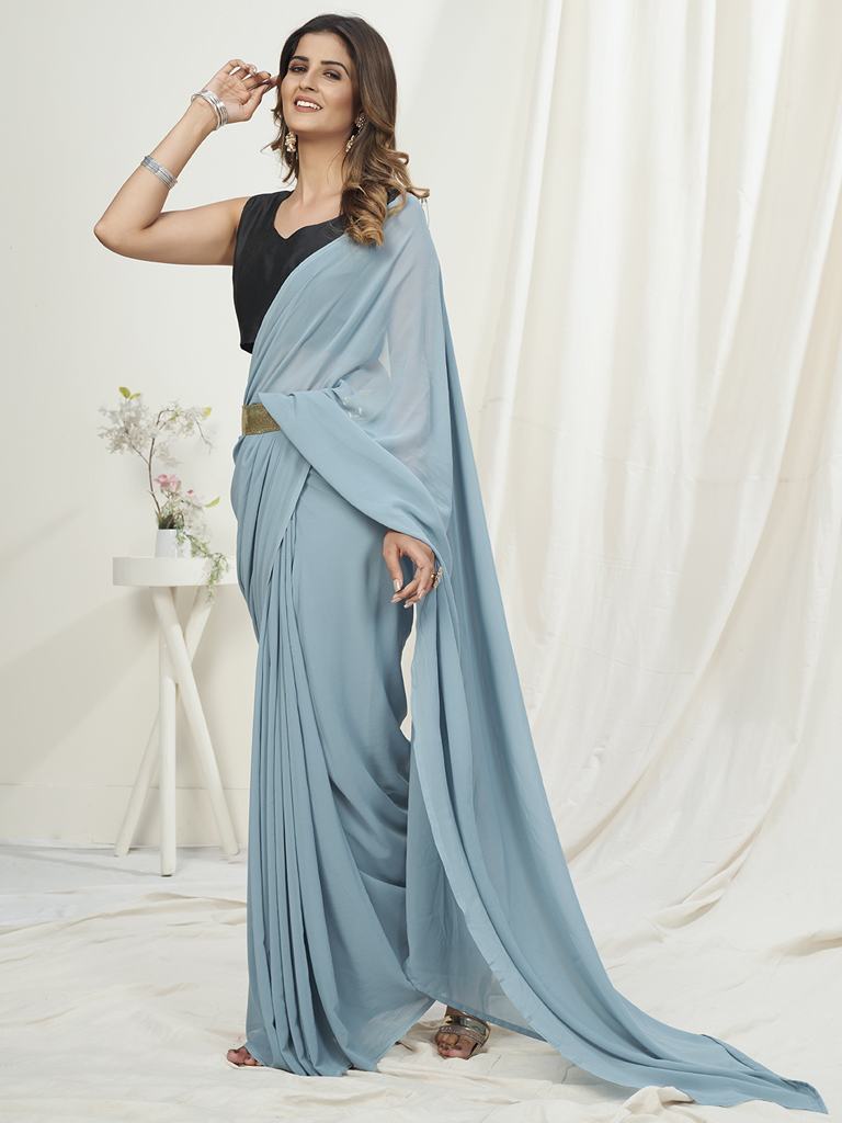 Powder Blue Ready to Wear One Minute Saree In Satin Silk - Colorful Saree