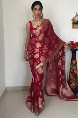 Delightful 1-Minute Ready To Wear Red Cotton Silk Saree - Colorful Saree