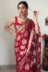 Delightful 1-Minute Ready To Wear Red Cotton Silk Saree - Colorful Saree