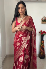 Delightful 1-Minute Ready To Wear Red Cotton Silk Saree - Colorful Saree