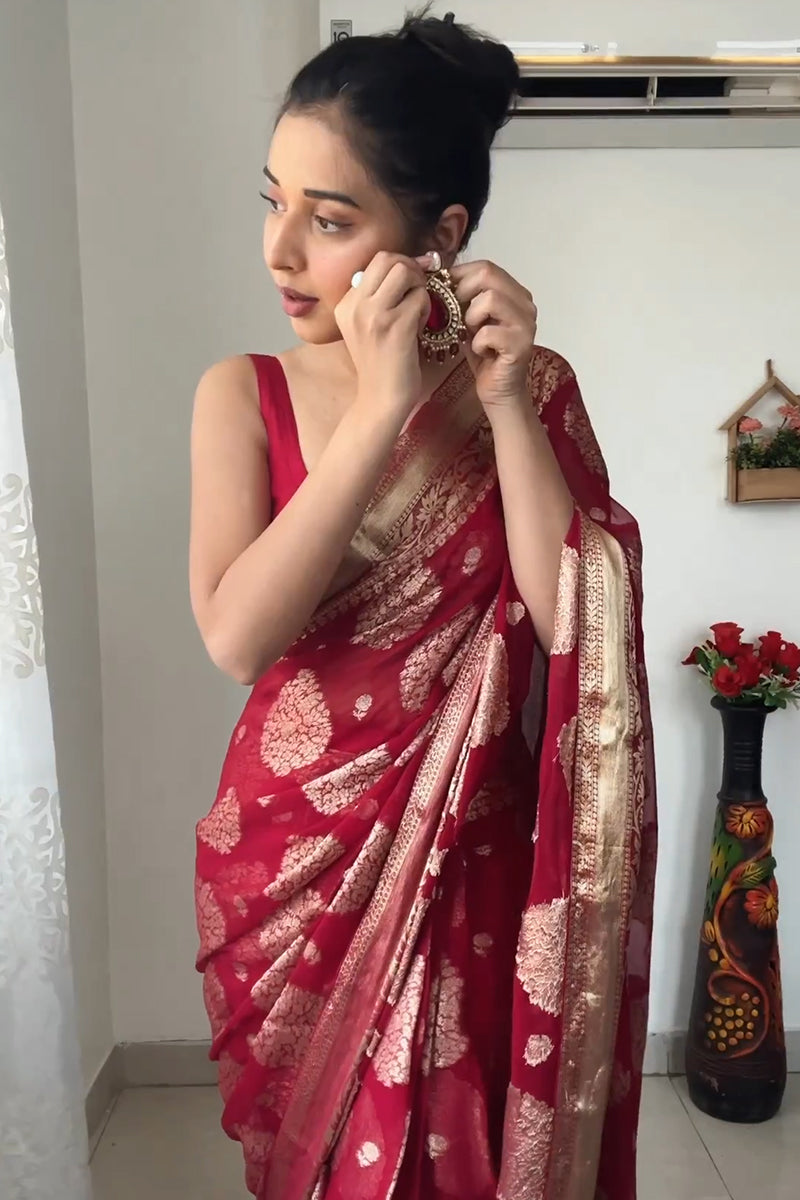 Delightful 1-Minute Ready To Wear Red Cotton Silk Saree - Colorful Saree