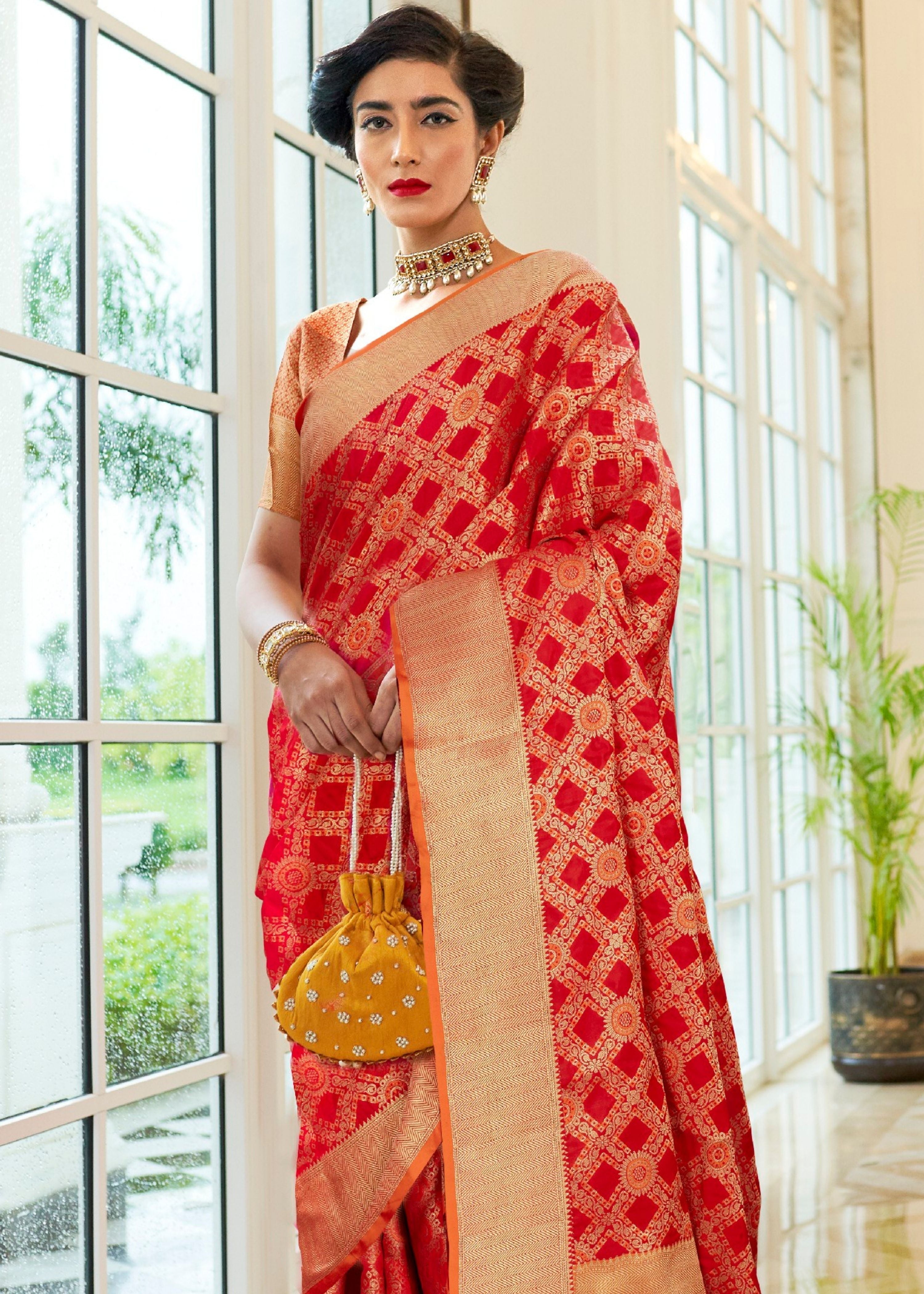 Red Patola Silk Saree with Golden Border - Colorful Saree