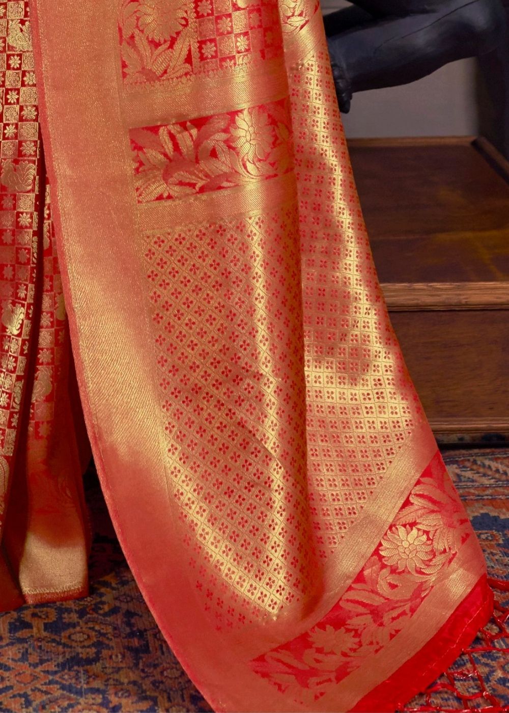 Tomato Red and Golden Blend Kanjivaram Soft Woven Silk Saree - Colorful Saree