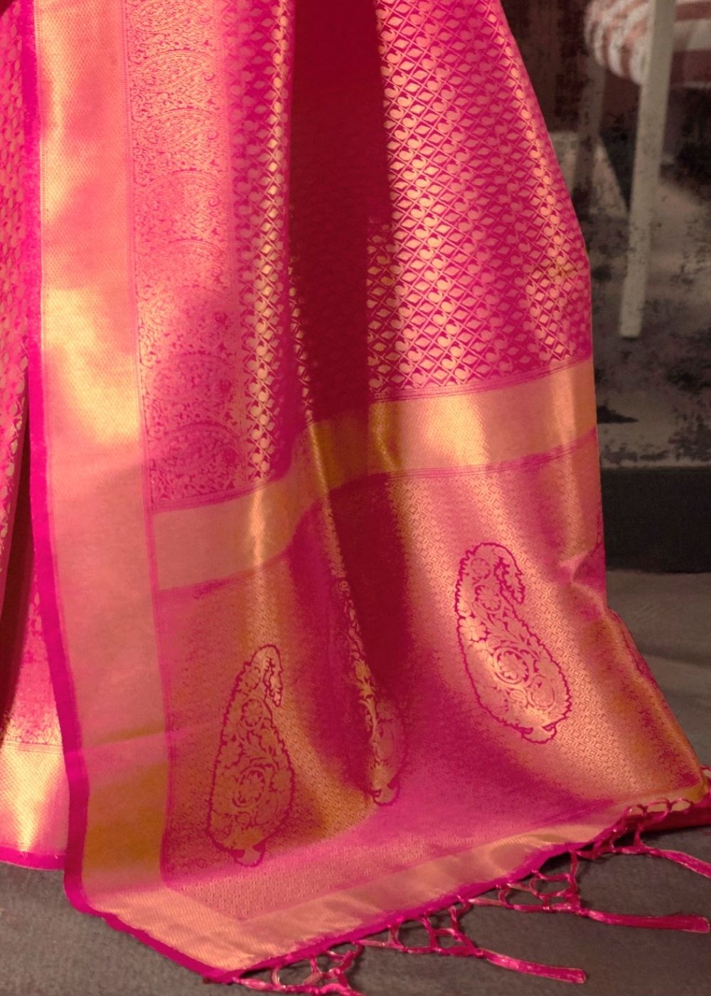 Hot Pink and Golden Blend Kanjivaram Soft Woven Silk Saree - Colorful Saree