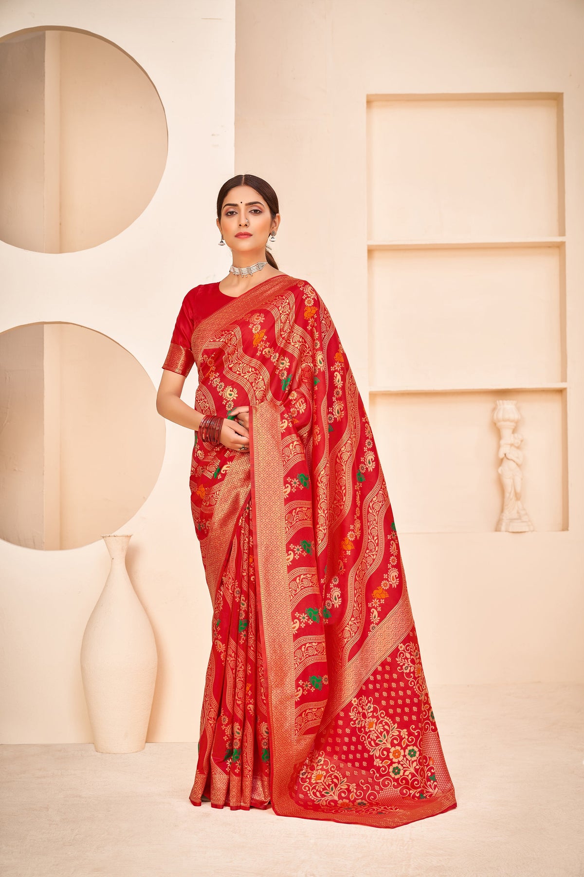 Red Color Wedding Wear Designer Art Silk Fabric Weaving Work Saree - Colorful Saree