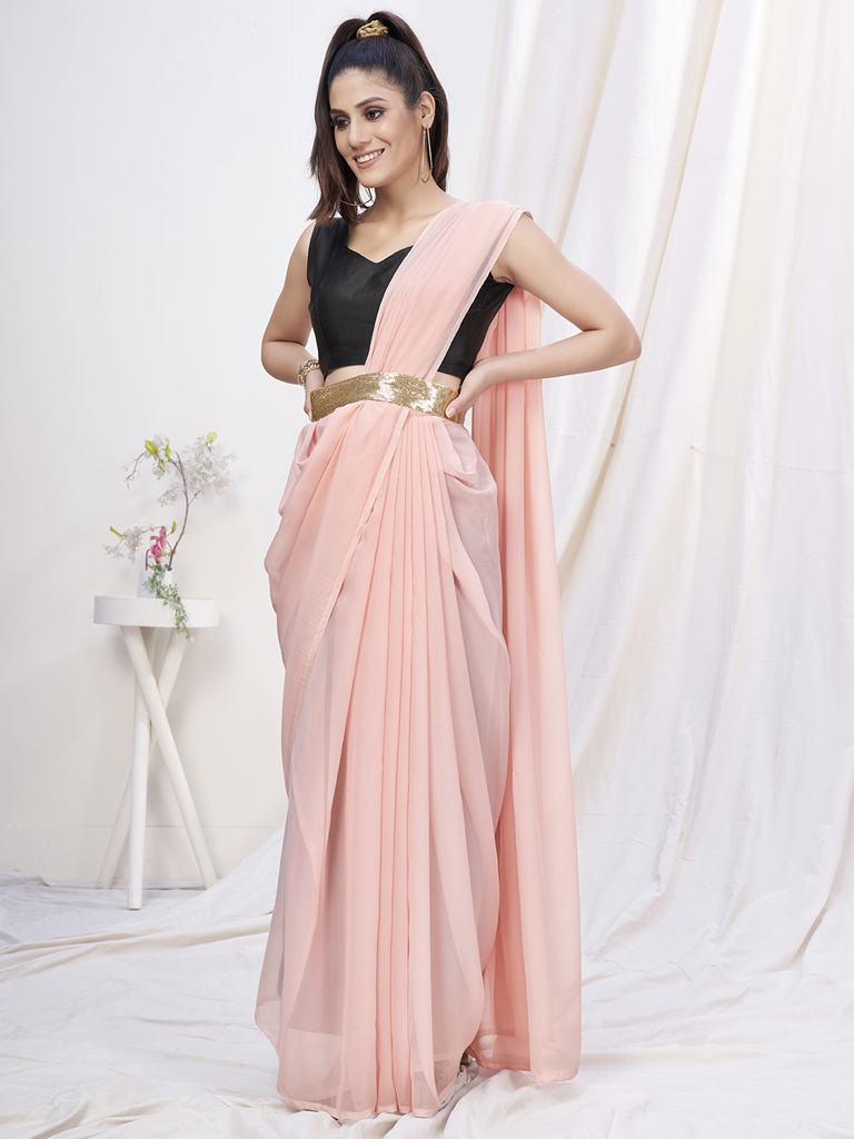 Rose Pink Pre-Stitched Blended Silk Saree - Colorful Saree