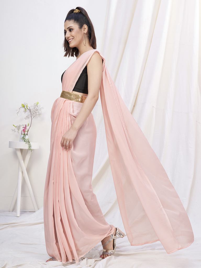 Rose Pink Pre-Stitched Blended Silk Saree - Colorful Saree