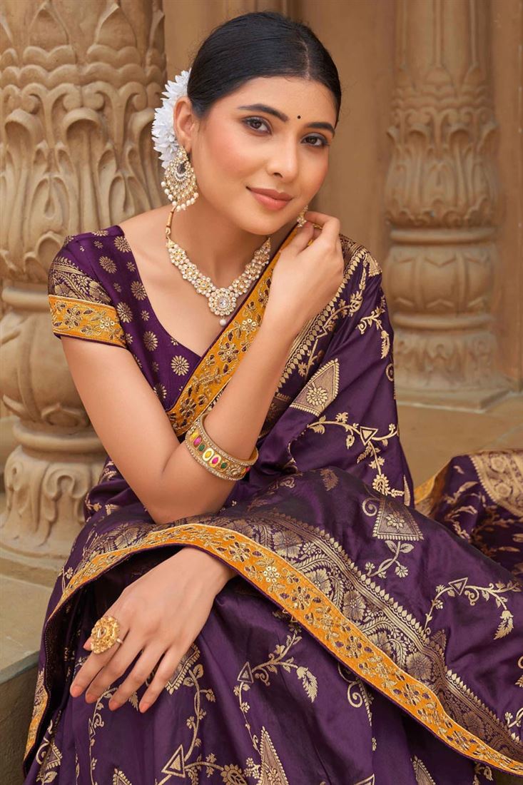 Banarasi Style silk Fabric Weaving Work Imposing Saree Purple Color - Colorful Saree