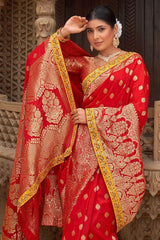 Blazing Red Color Banarasi Style silk Fabric Weaving Work Saree - Colorful Saree