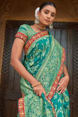 Cyan Color Banarasi Style silk Fabric Exquisite Weaving Work Saree - Colorful Saree