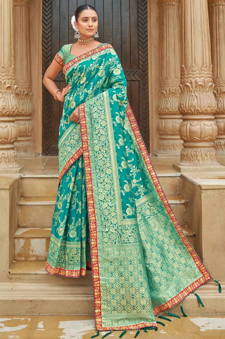 Cyan Color Banarasi Style silk Fabric Exquisite Weaving Work Saree - Colorful Saree