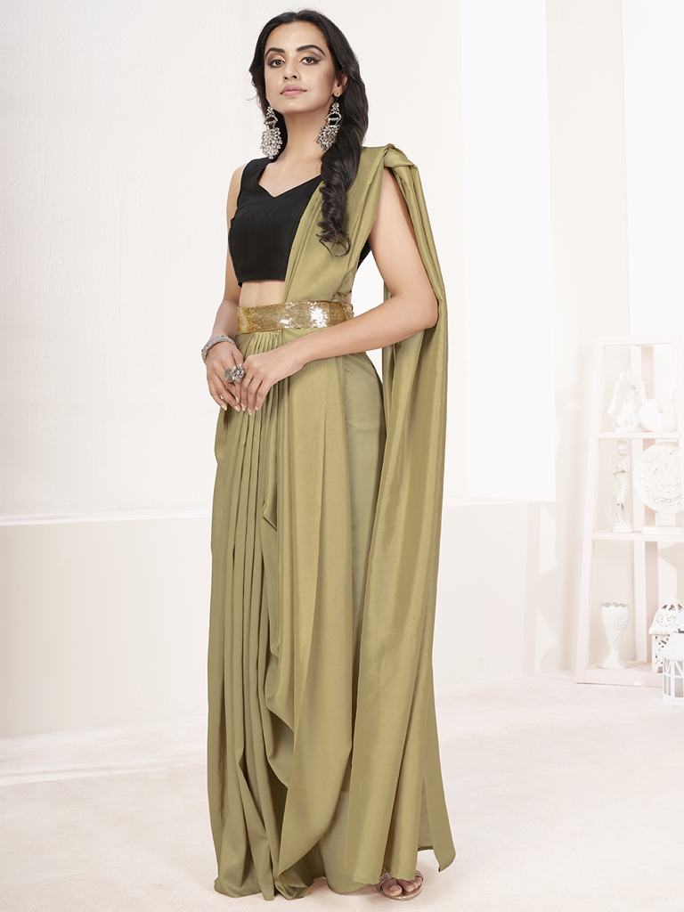 Sage Green Ready to Wear One Minute Lycra Saree - Colorful Saree