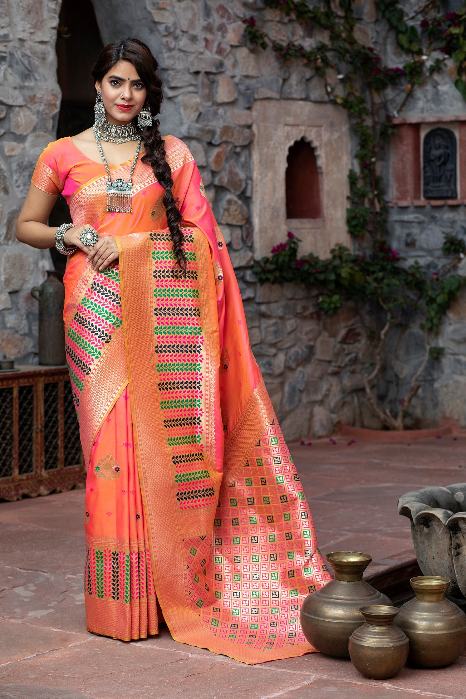 Sangeet Wear Peach Color Art Silk Fabric Fancy Weaving Work Saree - Colorful Saree