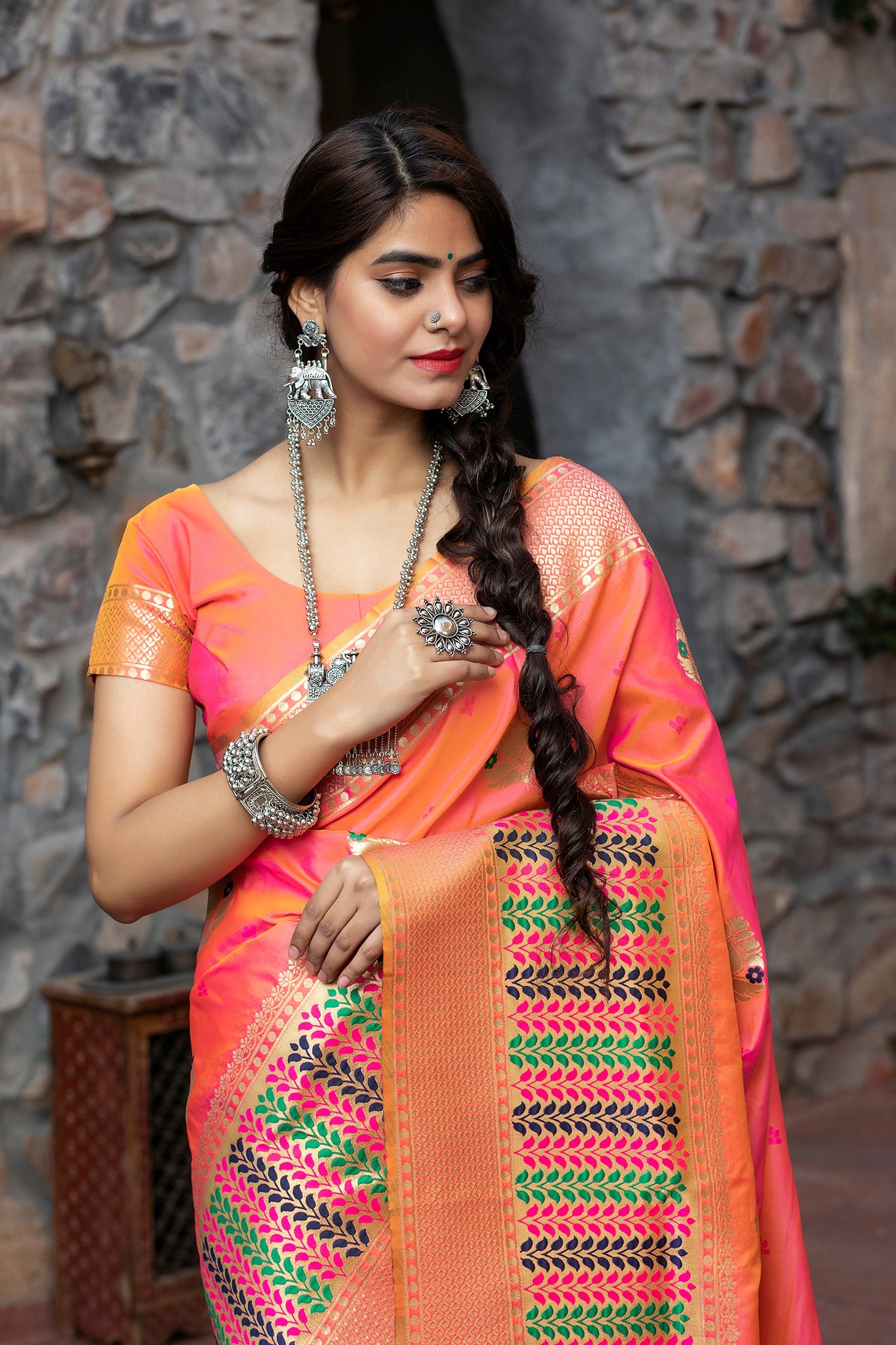 Sangeet Wear Peach Color Art Silk Fabric Fancy Weaving Work Saree - Colorful Saree