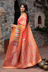 Sangeet Wear Peach Color Art Silk Fabric Fancy Weaving Work Saree - Colorful Saree