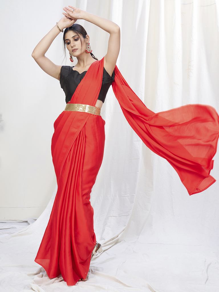 Scarlet Red Ready to Wear One Minute Lycra Saree - Colorful Saree