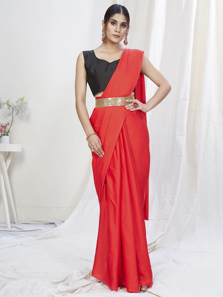 Scarlet Red Ready to Wear One Minute Lycra Saree - Colorful Saree