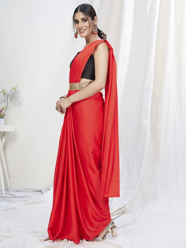 Scarlet Red Ready to Wear One Minute Lycra Saree - Colorful Saree