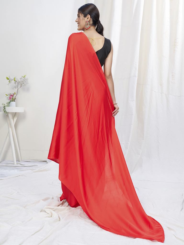 Scarlet Red Ready to Wear One Minute Lycra Saree - Colorful Saree