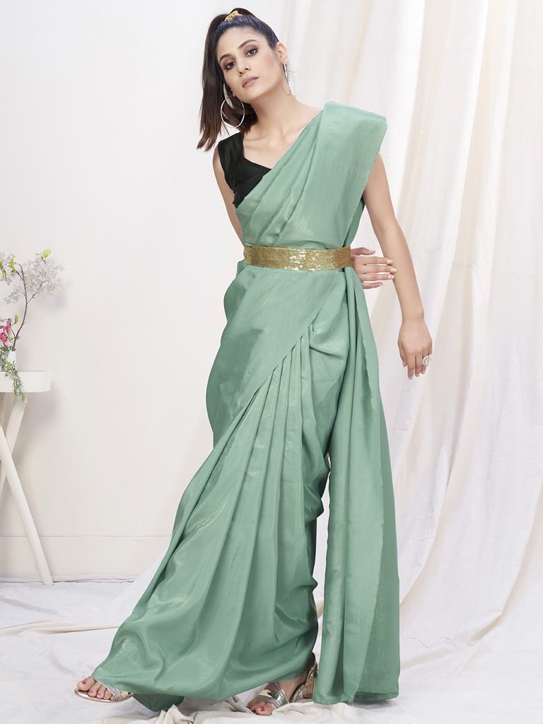 Sea Green Pre-Stitched Blended Silk Saree - Colorful Saree