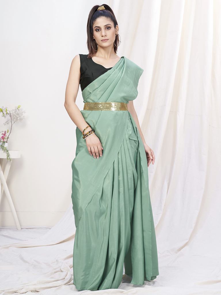 Sea Green Pre-Stitched Blended Silk Saree - Colorful Saree