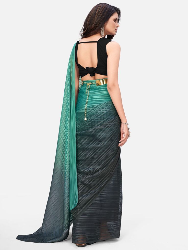 Sensational Teal Striped Ready to Wear Saree - Colorful Saree