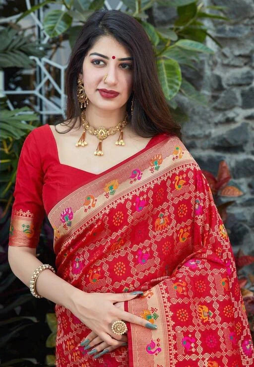 Impressive Red Soft Banarasi Silk Saree With Redolent Blouse Piece - Colorful Saree