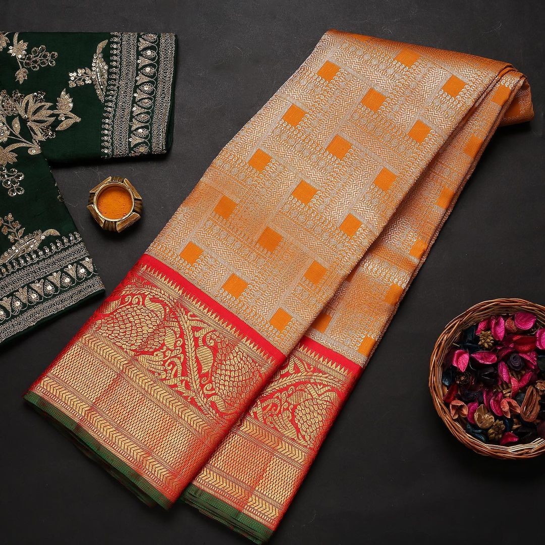 Gratifying Orange Soft Banarasi Silk Saree With Two Attractive Blouse Piece - Colorful Saree