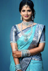 Staring Firozi Soft Banarasi Silk Saree With Unique Blouse Piece - Colorful Saree