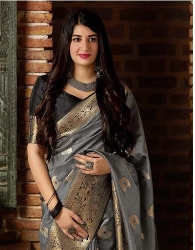 Desuetude Grey Banarasi Silk Saree With Panoply Blouse Piece - Colorful Saree