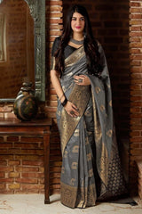 Desuetude Grey Banarasi Silk Saree With Panoply Blouse Piece - Colorful Saree