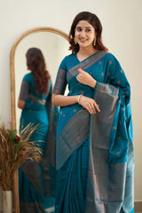 Designer Firozi Soft Silk Saree With Jazzy Blouse Piece - Colorful Saree