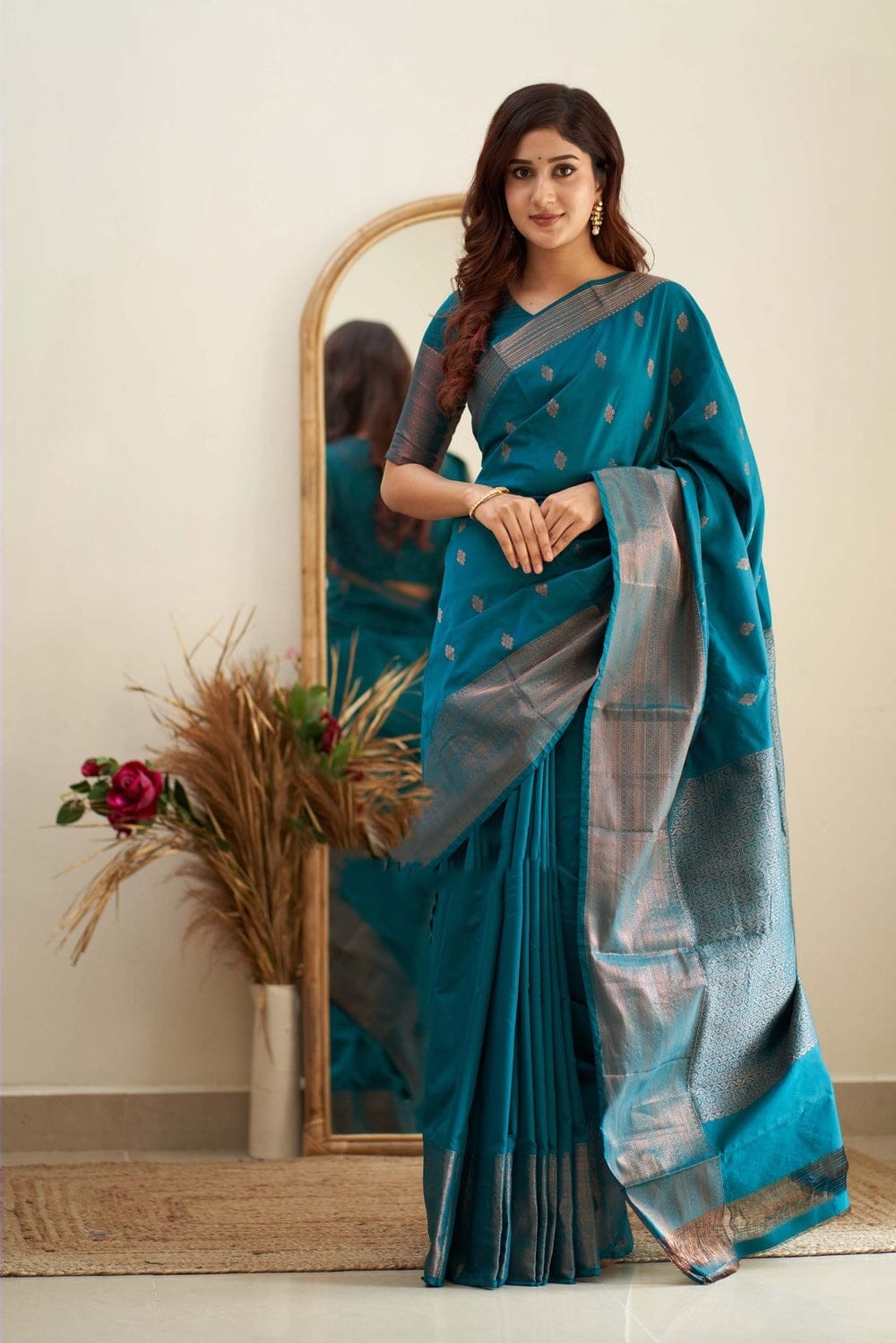 Designer Firozi Soft Silk Saree With Jazzy Blouse Piece - Colorful Saree