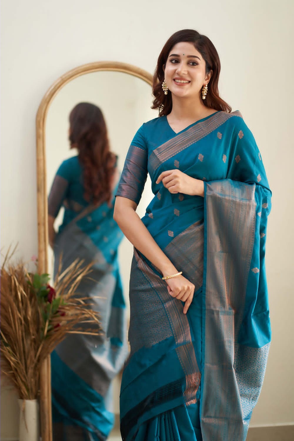 Designer Firozi Soft Silk Saree With Jazzy Blouse Piece - Colorful Saree