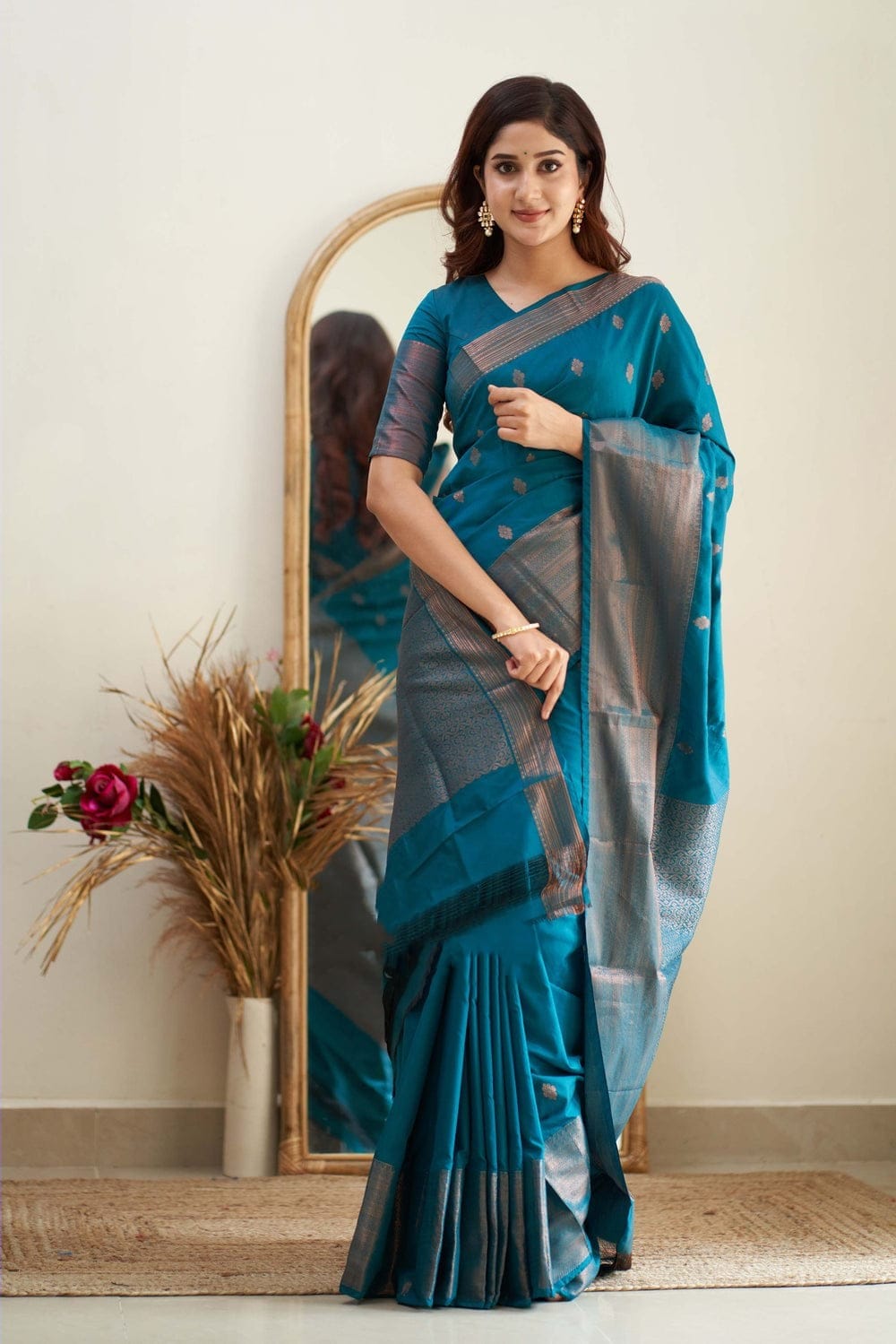 Designer Firozi Soft Silk Saree With Jazzy Blouse Piece - Colorful Saree